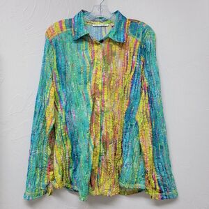 Sno Skins Button Up Shirt Blouse Geometric Colorful Crinkle Roll Tab Sleeve. XL